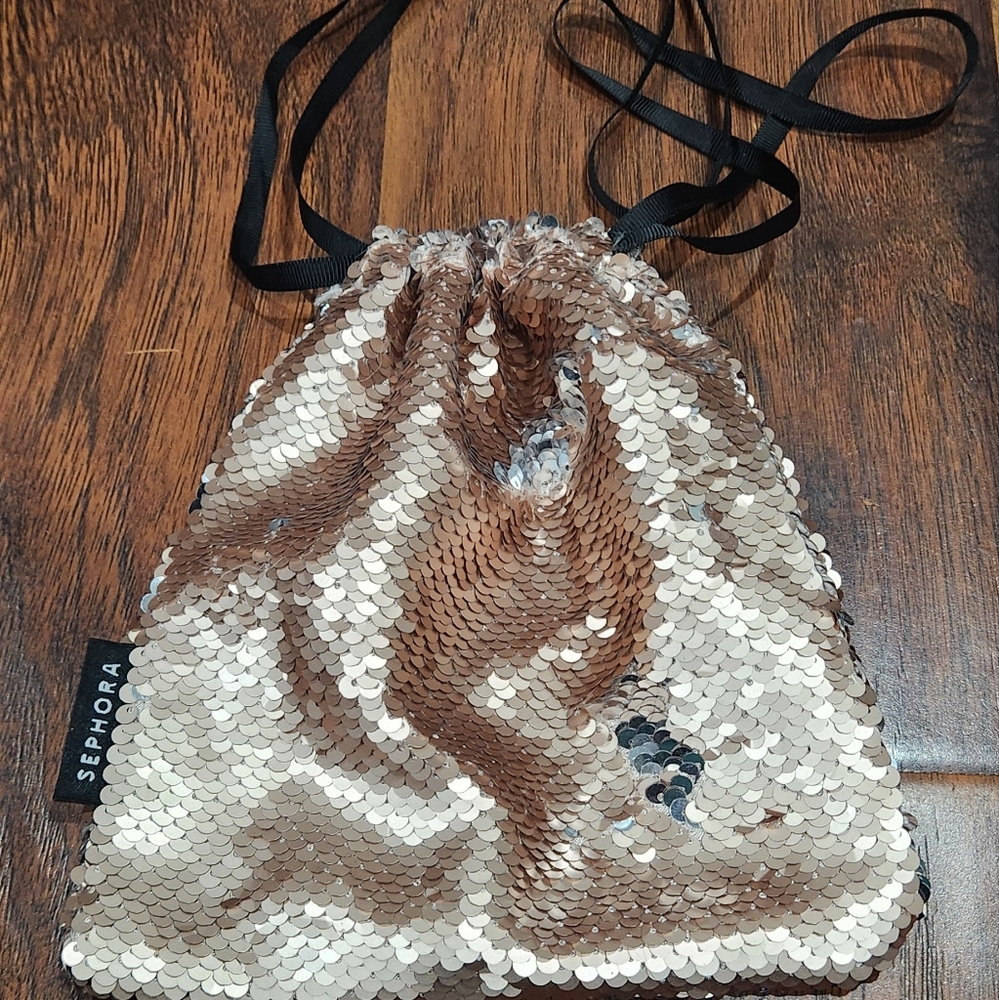champagne silver reversible sequin bag